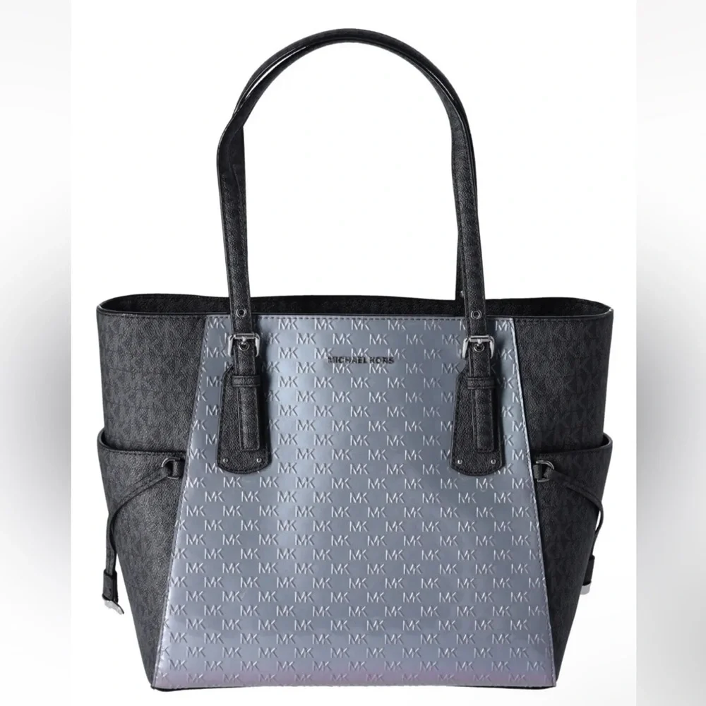Michael Kors Voyager Travel Shoulder Tote Heather Grey Patent Leather Black MK